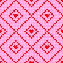 Pink and red square tile pattern. Pink background and red diagonal lines. 45 degree tile pattern. 8 bit red hearts cliparts.