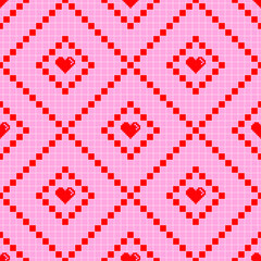 Pink and red square tile pattern. Pink background and red diagonal lines. 45 degree tile pattern. 8 bit red hearts cliparts.