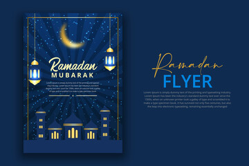 Ramadan Kareem Creative Invitations design with paper Islamic lanterns, stars and moon on gold and violet background. 