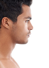 Obraz premium Serious profile. Profile shot of a handsome young man isolated on white.
