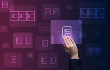 female hand checks documents on a holographic screen. The concept of compliance control, documents with a mark