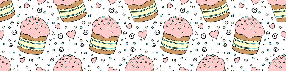 Vector seamless pattern with Easter cake, sweet bread or muffin. Colorful spring background and texture with traditional food in cartoon doodle flat style