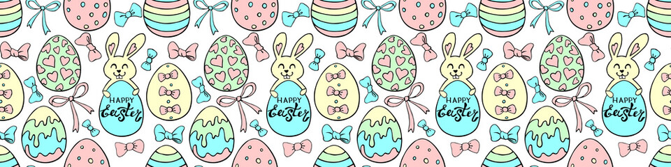 Vector seamless pattern with cute funny colorful easter bunnies, eggs, bows and Happy EASTER inscriptions. Holiday backgrounds and textures in doodle flat style