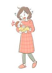 赤ちゃんが泣いて困っているママのイラスト