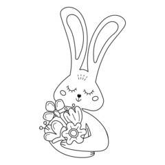 Lineart of cute smiling bunny with bouquet of flowers. Vector illustration for kids colouring book.
