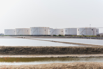 Big industrial oil tanks at oil terminal.