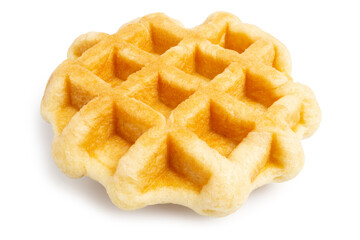 Closeup of Freshly Baked Round Butter Waffle, Belgian breakfast pastry dessert, isolated on white background. Clipping path.