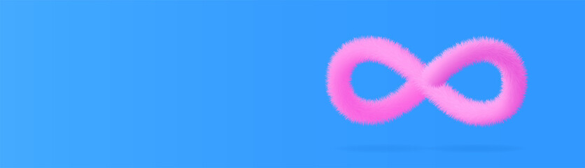 Vector banner sign infinity. Infinity symbol in the form of pink wool on a blue background. The concept of eternal discounts, goods, promotions. Unlimited shopping 
