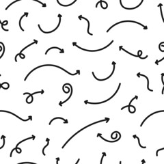 Black hand drawn arrow doodles seamless pattern on white background.