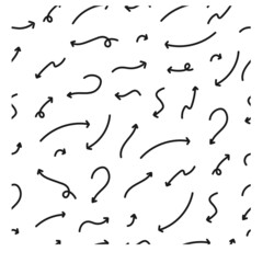 Black hand drawn arrow doodles seamless pattern on white background.
