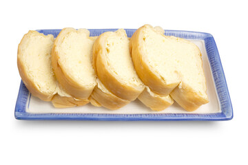 Homemade Sliced Pieces of Soft Bread with Butter served for breakfast, isolated on white background. Clipping path.