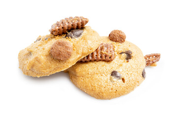 Fresh baked crispy cookies with choc chip, cashew nuts and chocolate textured cereal isolated on white background. Clipping path.