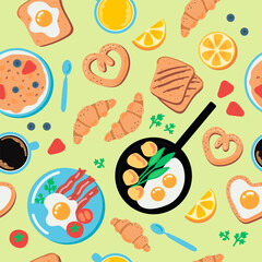 Seamless pattern breakfast scrambled eggs, coffee, croissants, bacon, orange juice. Vector illustration in cartoon style.