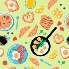Fotobehang Seamless pattern breakfast scrambled eggs, coffee, croissants, bacon, orange juice. Vector illustration in cartoon style. © OlivaGreen