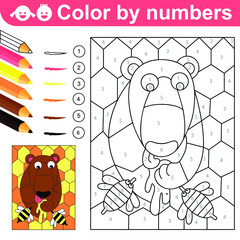 Color by Numbers. Bear lick honey. Coloring puzzle with numbers for kids. Bear with bees and honey in coloring page. Worksheet at school, home. Sketch. Vector. Printable page for kids