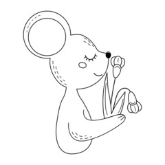 Lineart of cute smiling mouse with flowers. Vector illustration for kids colouring book.