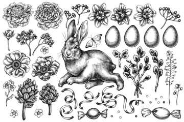 Easter vintage vector illustrations collection. Black and white rabbit, eggs, willow branches, etc. © Sad