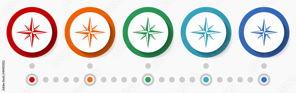 Poster Compass, travel concept vector icon set, flat design colorful buttons, infographic template in 5 color options