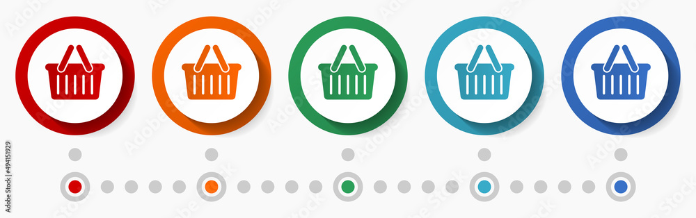 Poster Basket, shop concept vector icon set, flat design colorful buttons, infographic template in 5 color options