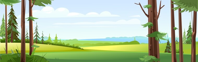 Panoramic view from the coniferous forest to rural fields.. Beautiful summer landscape with trees. Green pines and ate. Illustration in cartoon style flat design. Vector