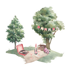 Summer picnic scene. Watercolor illustration of romantic outdoor lunch. Trees with festive garland, picnic basket, record player.