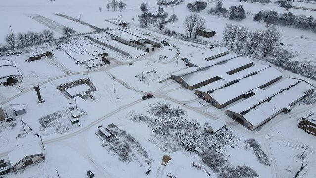 Countryside. Livestock farm. Top view in winter.