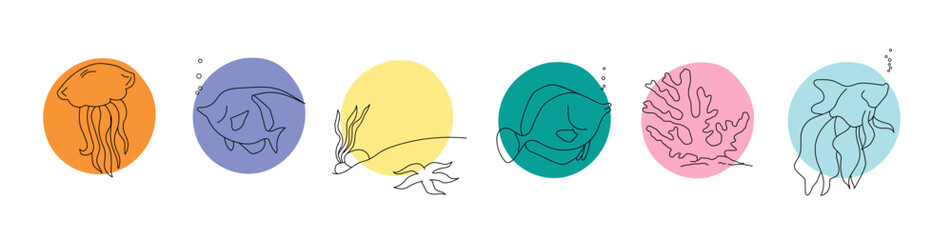 Collection of modern simple abstractions: silhouettes (sketch) of marine life - jellyfish, fish, coral, starfish with algae with geometric shapes (circles) on a white background