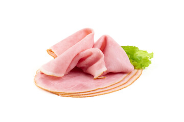 Sliced boiled ham, isolated on white background.