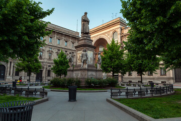 Leonardo Monument in Piazza della Scala - pedestrian central square of Milan, Italy,