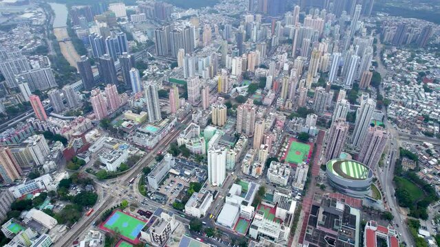 Aerial view of Yuen Long district in Hong Kong at cloudy day