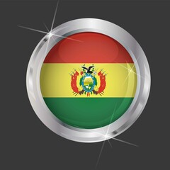 Flag of Bolivia in circle. 3D effect. Glossy and shiny button with metal frame and sparkles. Light reflection. Round Graphic design element. Isolated on gray background. Vector image EPS 10. 