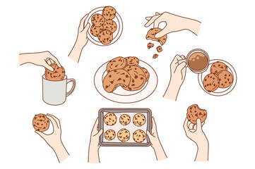 Set of people eating chocolate chip cookies for snack. Collection of person enjoy tasty fresh baked biscuits with coffee at home. Bakery and sweet stuff concept. Vector illustration. 