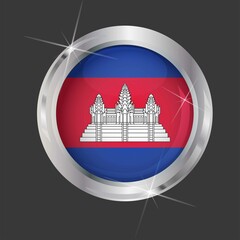 Flag of Cambodia in circle. 3D effect. Glossy and shiny button with metal frame and sparkles. Light reflection. Round Graphic design element. Isolated on gray background. Vector image EPS 10. 