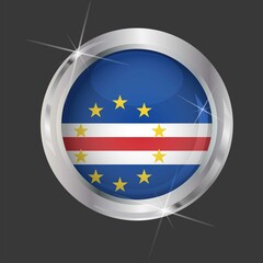 Flag of Cabo Verde in circle. 3D effect. Glossy and shiny button with metal frame and sparkles. Light reflection. Round Graphic design element. Isolated on gray background. Vector image EPS 10. 
