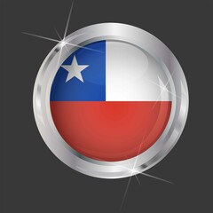 Fototapeta premium Flag of Chile in circle. 3D effect. Glossy and shiny button with metal frame and sparkles. Light reflection. Round Graphic design element. Isolated on gray background. Vector image EPS 10. 