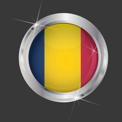 Fototapeta premium Flag of Chad in circle. 3D effect. Glossy and shiny button with metal frame and sparkles. Light reflection. Round Graphic design element. Isolated on gray background. Vector image EPS 10. 