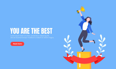 Best worker employee winner with trophy cup inside award ribbon and floral wreath flat style design vector illustration. Employee of the month, talent award, best worker competition prize.