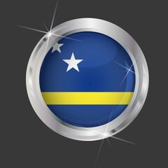 Flag of Curacao in circle. 3D effect. Glossy and shiny button with metal frame and sparkles. Light reflection. Round Graphic design element. Isolated on gray background. Vector image EPS 10. 