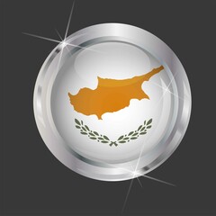 Flag of Cyprus in circle. 3D effect. Glossy and shiny button with metal frame and sparkles. Light reflection. Round Graphic design element. Isolated on gray background. Vector image EPS 10. 