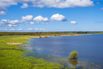 Bay at a lake with a meadow in a beautiful landscape in spring