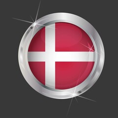Obraz premium Flag of Denmark in circle. 3D effect. Glossy and shiny button with metal frame and sparkles. Light reflection. Round Graphic design element. Isolated on gray background. Vector image EPS 10. 