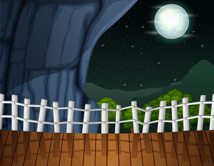 Night landscape with a cave and wooden fence illustration