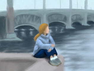Girl sitting by the river in St. Petersburg 
