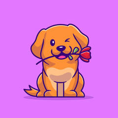 Cute Dog With Rose Cartoon Vector Icon Illustration. Animal Flower Icon Concept Isolated Premium Vector. Flat Cartoon Style
