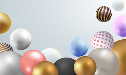 Abstract background dynamic 3d spheres. 3d render, abstract geometric background, colorful balls, multicolored balloons. Party decoration, plastic toys, isolated elements. Vector illustration EPS10.