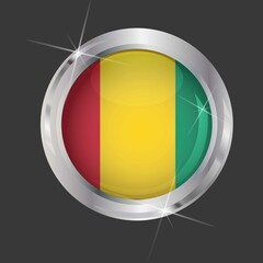 Fototapeta premium Flag of Guinea in circle. 3D effect. Glossy and shiny button with metal frame and sparkles. Light reflection. Round Graphic design element. Isolated on gray background. Vector image EPS 10. 
