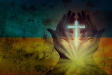Prayer Hands in National flag of Ukraine yellow and blue colors. Pray for Ukraine concept