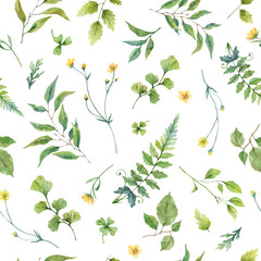 Watercolor leaves and flowers
seamless pattern on white background