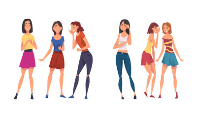 Fototapeta premium Cheerful smiling girls gossiping set. Girls standing together and talking cartoon vector illustration
