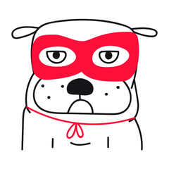 Bulldog wearing red mask. Vector outline illustration on white background. 